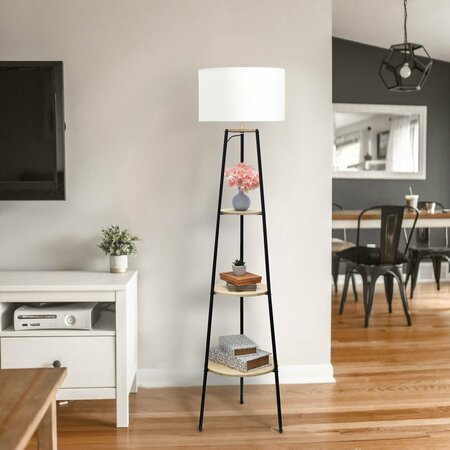 Simple Designs 62.5in Tripod 3 Tier Shelf Standing Floor Lamp, White Drum Fabric Shade, Light Wood LF2015-LWD